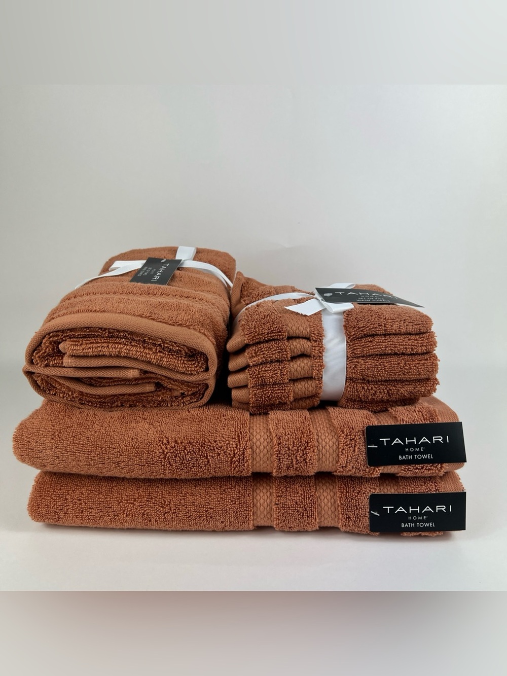 Tahari Home Bath Towel Set Rust Orange Plush 100% Cotton Locker Loop 8 Pc NEW